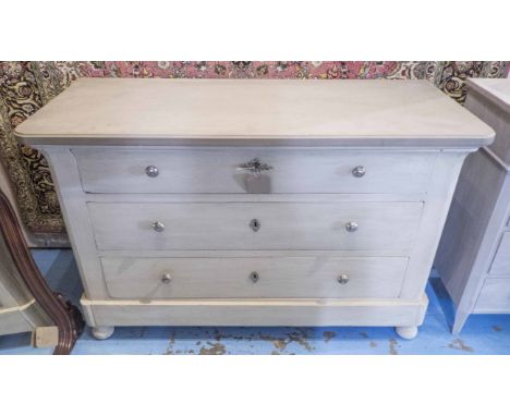COMMODE, 19th century Continental traditionally grey painted with three long drawers, 128cm x 48cm x 88cm H.