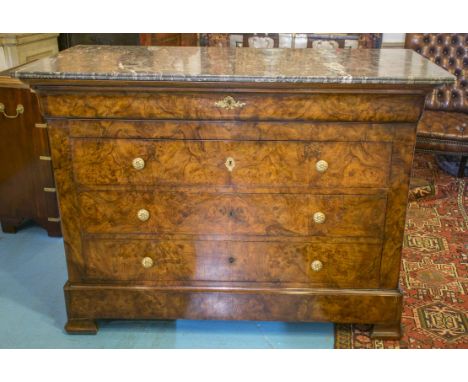 COMMODE, 19th century French Louis Philippe figured walnut, with four long drawers and St Anne's grey marble top, 128cm x 57c