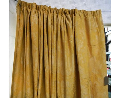 CURTAINS, two pairs, golden damask moire silk lined and interlined with pelmets, each curtain 200cm W ungathered x 228cm drop