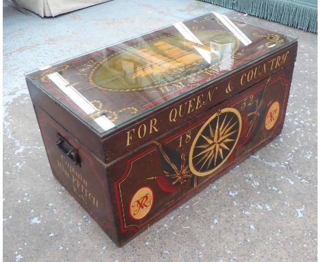 TRUNK, Victorian style, painted with naval decoration, inscribed HMS Pegasus, hinged top, side handles and glass top to form 