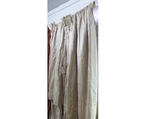 CURTAINS, two pairs, in a putti coloured fabric, lined and interlined, 70cm W gathered by 250cm drop. (4)
