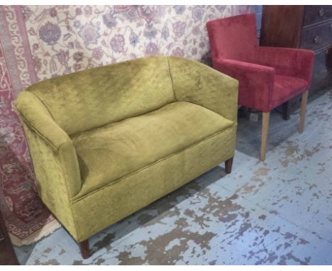 SOFA, small proportions upholstered in silk green stitched cotton velvet with turned supports 116cm W together with a contemp