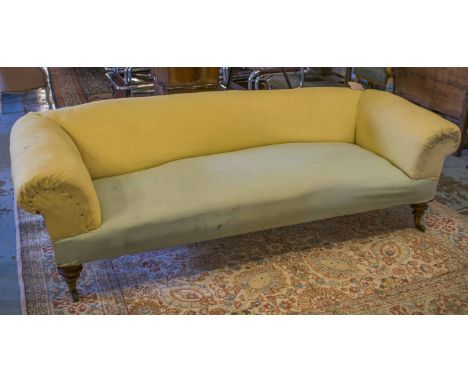 CHESTERFIELD SOFA, Victorian walnut in yellow and green fabric on turned supports, castors stamped Cope & Collinson, (faults,