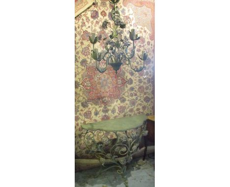 CONSOLE TABLE, 1960s verdigris patinated metal, 78cm H x 90cm x 36cm with matching chandelier, 65cm H. (2)