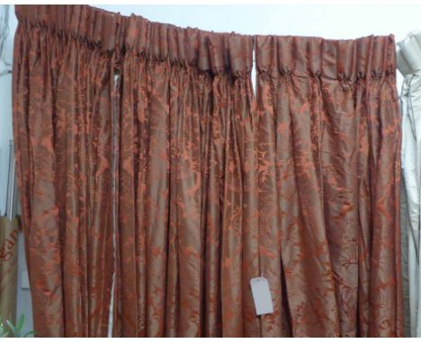 CURTAINS, three pairs, in a russett damask lined and interlined, 70cm W gathered by 231cm drop. (6)