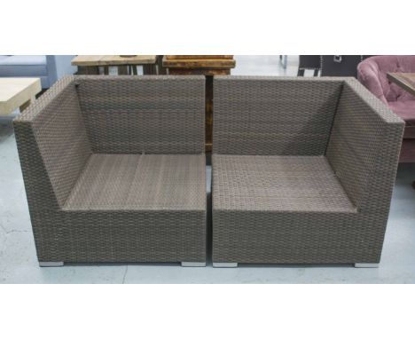 BRAMBLECREST GARDEN SOFA, brown simulated wicker, in two L sections with cushions, 74cm H x 162cm W.