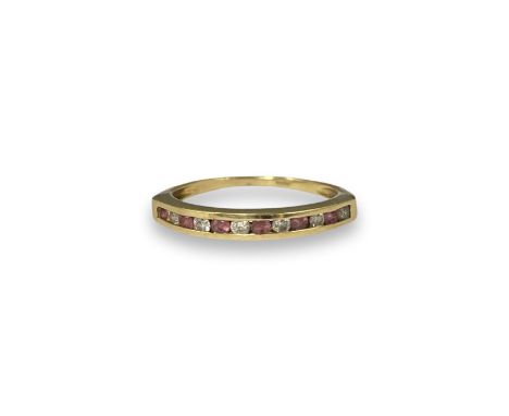 9ct London 2016 Yellow Gold Half Eternity Ring Comprising of Round Cut Diamond and Pink Stones Weighing 1.72 grams Size P 