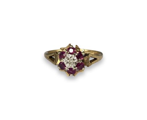 9ct Gold Ruby &amp; Diamond Cluster Ring Weighing 2.74 grams Size M 