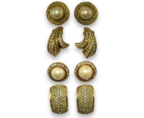 Selection of Four Pairs Of Christian Dior Gold Tone Earrings Comprising of Pearls and White Stones Weighing 56.71 grams colle