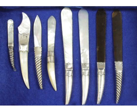 Eight letter openers , mainly Edwardian, seven with silver handles or mounts, six with mother of pearl blades. Longest 15cm