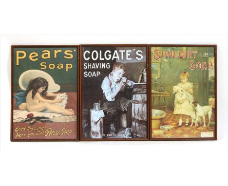 Three posters, Colgate Soap 'His First Shave' , Pears Soap and Sunlight Soap, framed (3)