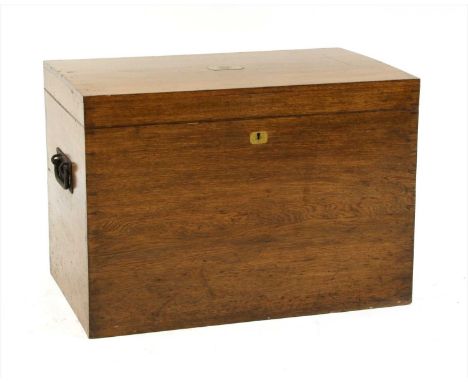 An oak canteen trunk , labelled 'Elkington &amp; Co' with baized lined interior and two lift out trays, with carrying handles