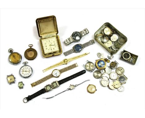 Assorted watches and parts, a cabinet of drawers, clocks and watchmakers tools, etc