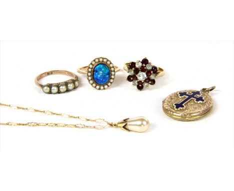 A gold split pearl ring, marked 9ct, finger size J½, together with a gold opal doublet and split pearl cluster ring, tested a