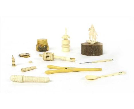 An ivory/bone child's rattle, 19th century patch pot and various other pieces of of ivory and bone