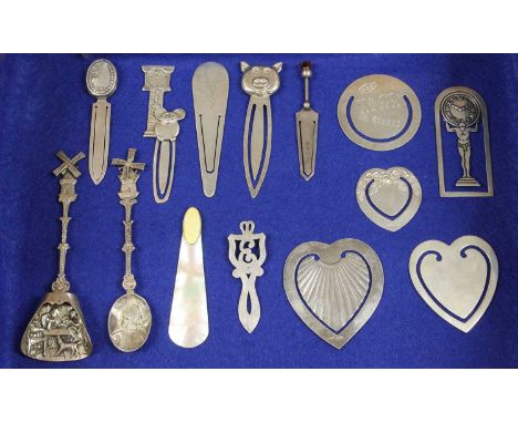 Ten silver, 925 and sterling novelty bookmarks, three by Tiffany, mother of pearl and enamel letter opener, another silve one