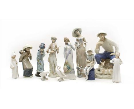 A collection of Lladro, and other Spanish porcelain figures, to include a Japanese girl in a kimono, a female with a child on
