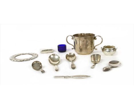 Five 19th century and later caddy spoons , a twin handled pot, salt, etc