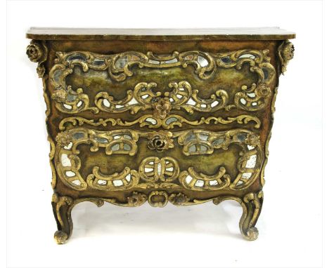 A 19th century Venetian style commode chest of drawers, with all-over elaborate floral and scrolling decoration inset with mi