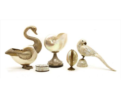 A group of mother of pearl and similar items, to include a cornucopia trinket