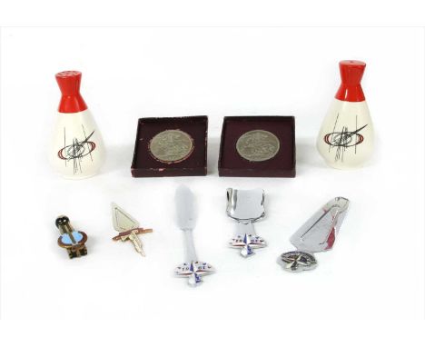 Four 1951 Festival of Britain items, comprising: two boxed crowns, caddy spoon, butter knife, bookmark, together with a bookm