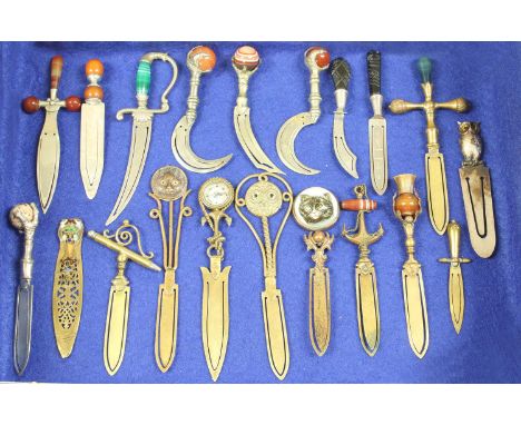 Twenty 20th century bookmarks: brass, nickel and silver plated, including with hardstone handles (10), anchor, owls (2), cats