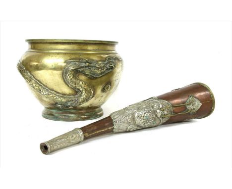 A Chinese brass bowl, decorated with a dragon chasing a flaming pearl, 32cm diameter, 23cm high, together with a Tibetan copp