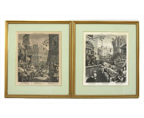 After William Hogarth, two engravings, 'Gin Lane' and 'Beer Street', originally published in 1751, 38.5cm and 36cm