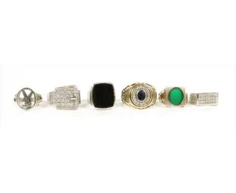 Six gentlemen's rings, to include a 9ct white gold diamond ring, common control mark, finger size R ½, a silver green chalced