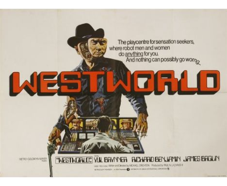 'WESTWORLD', 1973, an MGM presentation, a British quad film movie poster of the film starring Yul Brynner and Richard Benjami