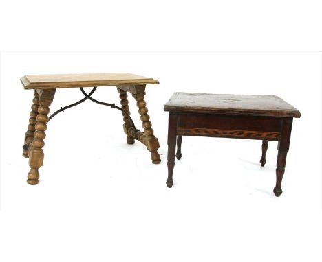 A n apprentice piece mahogany and inlaid table , 19th century, the top inset with starburst design and on turned legs, 25cm w