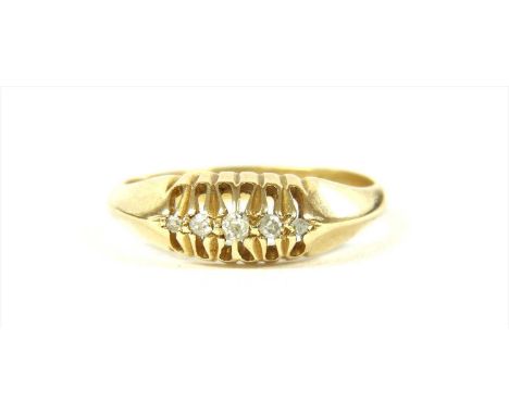 An 18ct gold boat shaped five stone diamond ring, with a row of graduated Swiss, eight and rose cut diamonds, claw set to tap