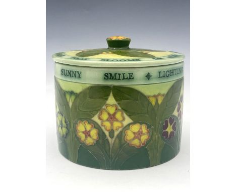Sally Tuffin for Dennis Chinaworks, Primrose Biscuit barrel and cover, with script 'The Greenwood Lighting with its Sunny Smi