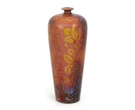 Bernard Moore, a Flambe lustre vase, circa 1905, shouldered form decorated with three panels of poppy head vines, between fol