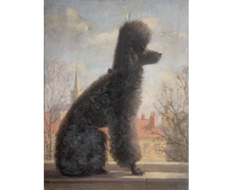 British School, 20th Century, portrait of a seated black standard poodle in profile, church spire beyond, indistinctly signed