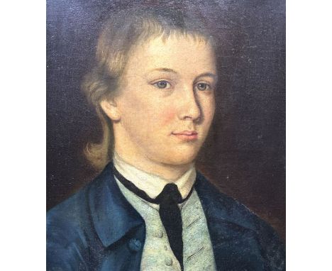 British School, 18th Century, portrait of a young man, bust length in a blue coat and pale blue waistcoat, bearing old label 