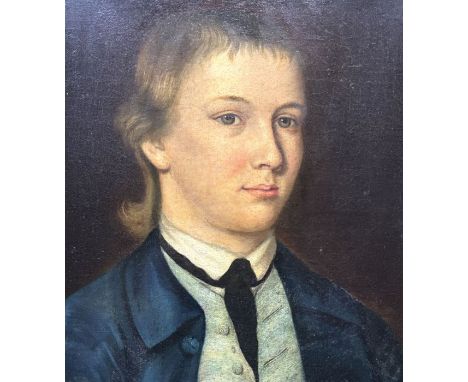 British School, 18th Century, portrait of a young man, bust length in a blue coat and pale blue waistcoat, bearing old label 