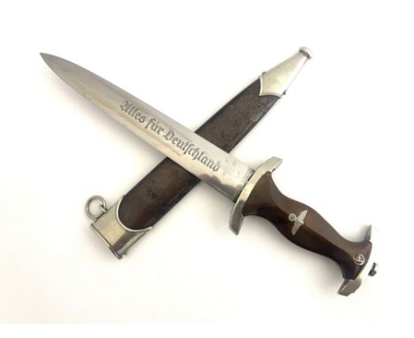 Third Reich German SA dagger, housed in brown anodised scabbard with white metal mounts, white metal hilt and wood grip inset