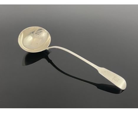 A George IV silver soup ladle, Charles Eley, London 1826, engraved shield to terminal, 33cm long, 5.92ozt