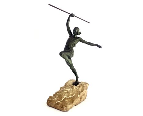 Pierre le Faguays (Fayral), Amazone, an Art Deco bronze figure, modelled as a nude woman with spear, on rocky base, 70cm high