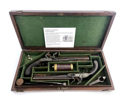 A pair of George III flintlock pistols by James Cowmeadow of High Street, Kensington, circa 1790, 9 inch octagonal barrels st