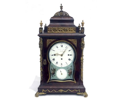 Spencer &amp; Perkins, London, a George III mahogany bracket clock, caddy top with gilt metal urn finials and mounts througho