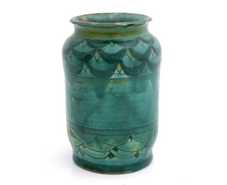 Della Robbia, an art pottery vase, albarello style, sgraffito decorated with bands of swags, turquoise green glaze, incised m