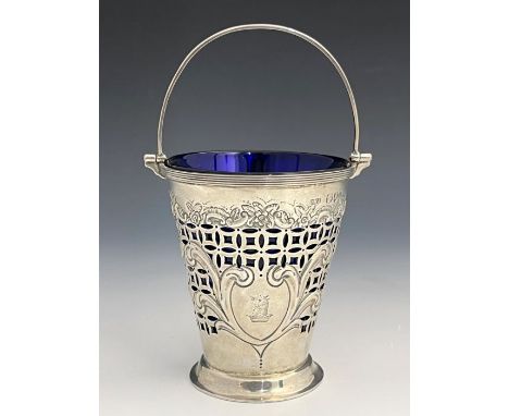 A Victorian silver glassed lined cream pail, Josiah Williams &amp; Co, London 1895, tapering circular form, pierced sides wit