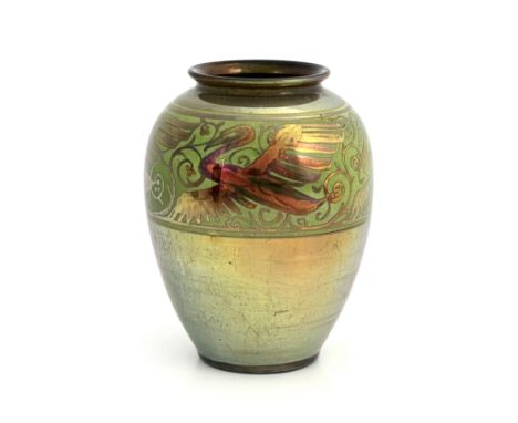 Gordon Forsyth for Pilkington, a Royal Lancastrian lustre vase, 1909, shouldered form, painted with a band of iridescent swan