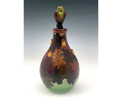 Sally Tuffin for Dennis China Works, oak flask and owl lid, autumn, bottle vase and cover, 2009, modelling by Alan Pepper, ma