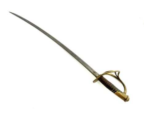 A US Model 1860 Light Cavalry sabre, brass three bar hilt with ribbed brown leather grip, stamped US 1864 to ricasso, blade 8
