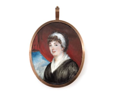 A 19th century portrait miniature of Mrs Skirrow, Nee Walker, oval with red curtain, wearing a head scarf and pearls, in yell