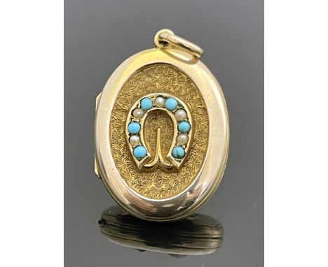 A Victorian gold, seed pearl and turquoise locket pendant, oval with horseshoe emblem, the reverse with a vacant shield carto