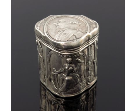 A Dutch silver Loderein box, CH, Amsterdam 1763, embossed ogee cartouche form, the lid with an oval portrait of Leopold II of